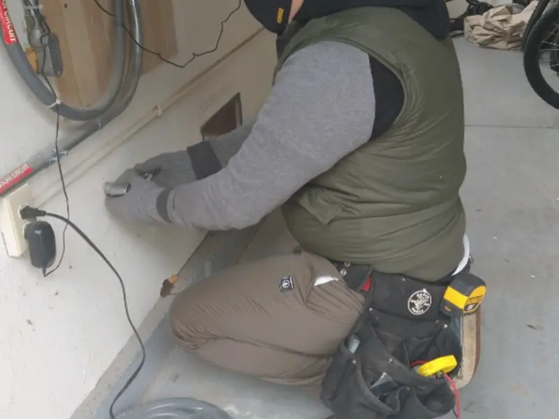 Electrician performing outlet wiring in a Alma garage